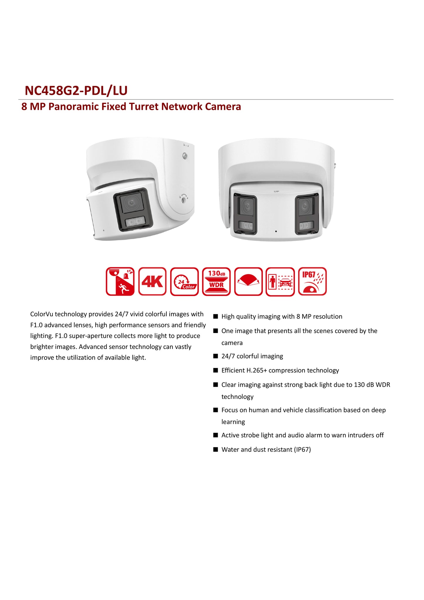 8 MP Panoramic 180 degree wide angle full color Fixed Turret IP Network Camera with two way audio NC458G2-PDL/LU